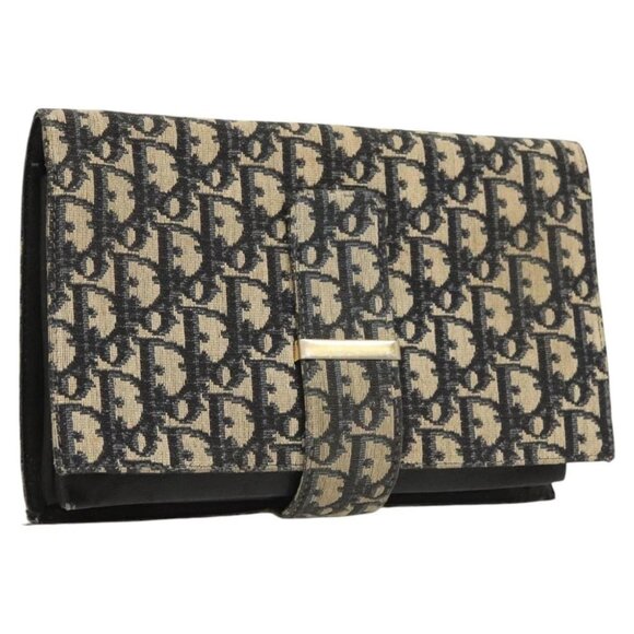 Christian Dior Trotter Canvas Clutch Bag Navy Gold Auth 118646 - Picture 1 of 16